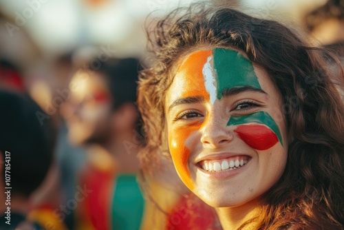 Portuguese fans celebrating in the streets, with flags and confetti during a World Cup football match.