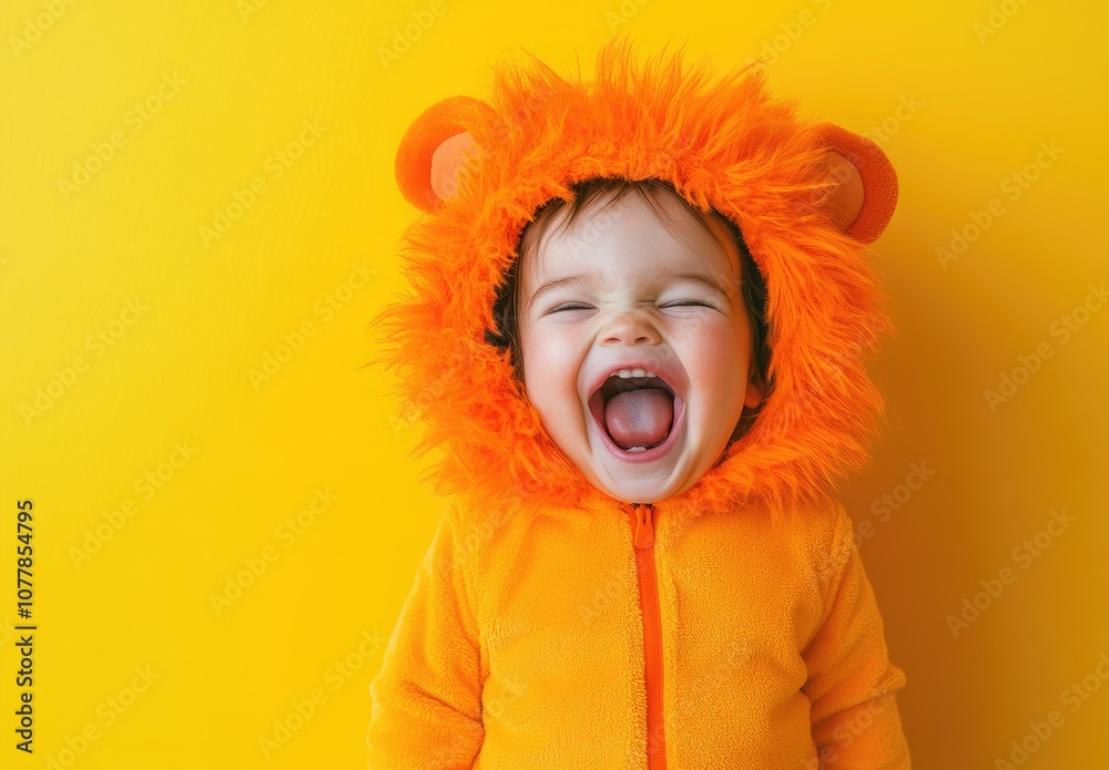 A toddler wearing an orange lion costume, laughing and posing on a yellow background A toddler wearing an orange lion costume, laughing and posing on a yellow background