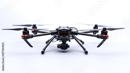 Black drone with camera on white background.