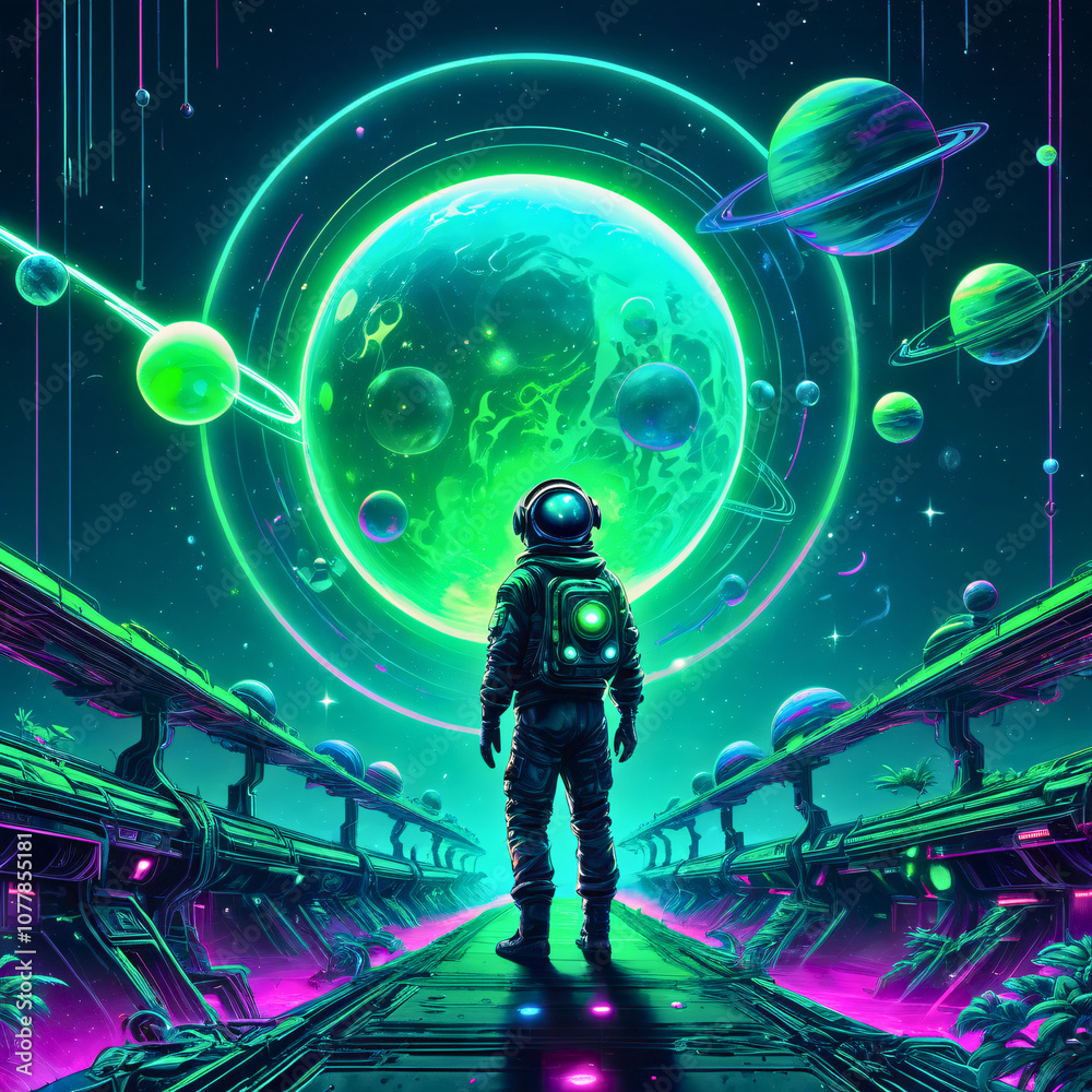 A lone astronaut stands on a vibrant pathway surrounded by glowing planets and an enormous green moon in a futuristic space setting A lone astronaut stands on a vibrant pathway surrounded by glowing planets and an enormous green moon in a futuristic space setting