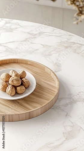  a close-up of a wooden tray on a light-colored marble tabletop, showcasing a white plate filled with walnuts. This composition highlights a high-quality aesthetic with professional studio lighting an photo