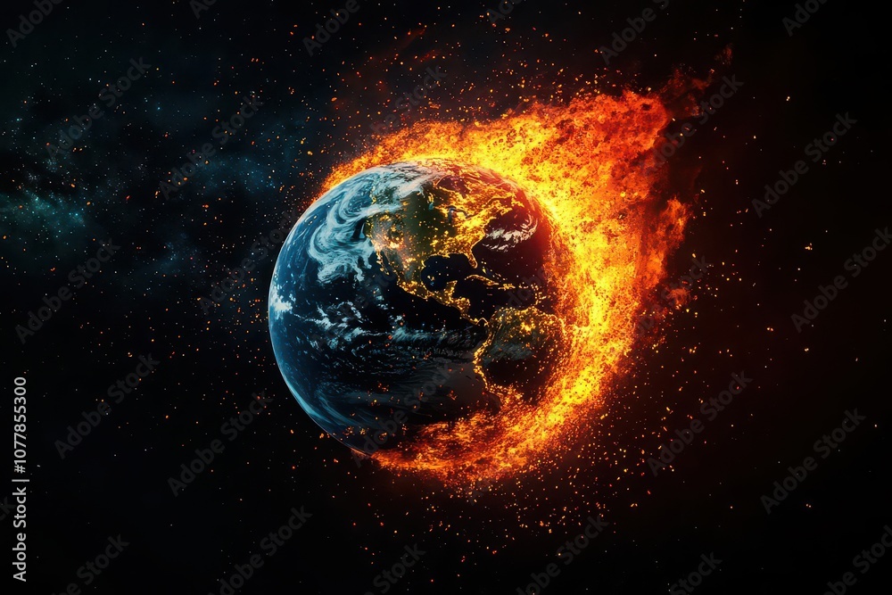 earth engulfed in flames from a dramatic perspective in space illustrating the catastrophic effects of global warming with vibrant colors contrasting against the deep black of the universe earth engulfed in flames from a dramatic perspective in space illustrating the catastrophic effects of global warming with vibrant colors contrasting against the deep black of the universe