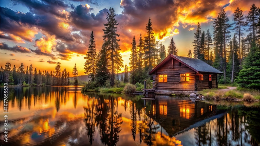 Golden Hour Reflection of a Cozy Cabin Nestled in a Tranquil Forest With a Sparkling Lake Golden Hour Reflection of a Cozy Cabin Nestled in a Tranquil Forest With a Sparkling Lake