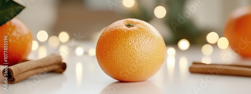 Oranges and cinnamon sticks, illuminated by warm light from above, creating a festive atmosphere, concept of seasonal food, cold winter time and traditional cousine, traditional new year symbol . photo