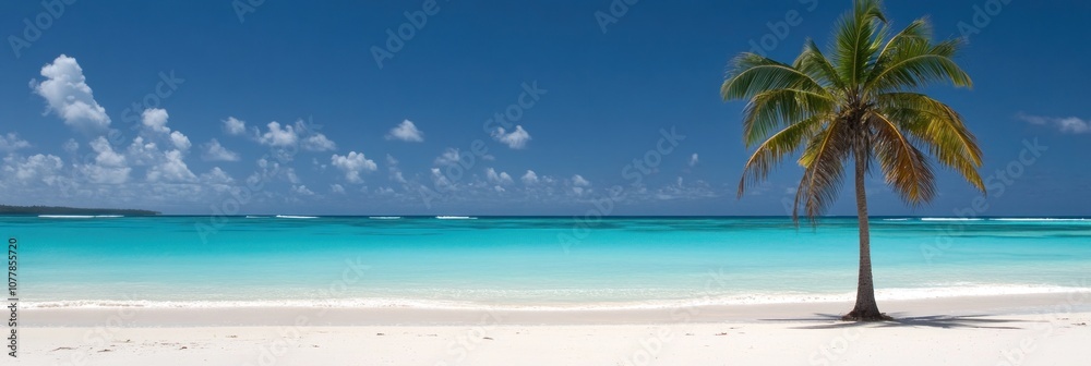 Fototapeta premium A serene beach scene with turquoise waters and a solitary palm tree under a clear blue sky.