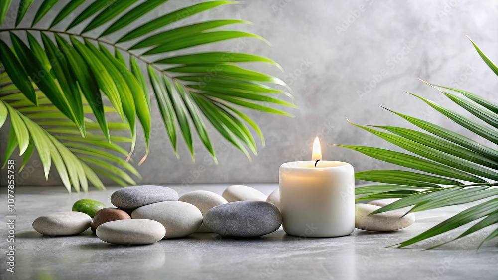 Serene Simplicity A White Candle Illuminates Smooth Stones and Lush Greenery in a Tranquil Setting Serene Simplicity A White Candle Illuminates Smooth Stones and Lush Greenery in a Tranquil Setting