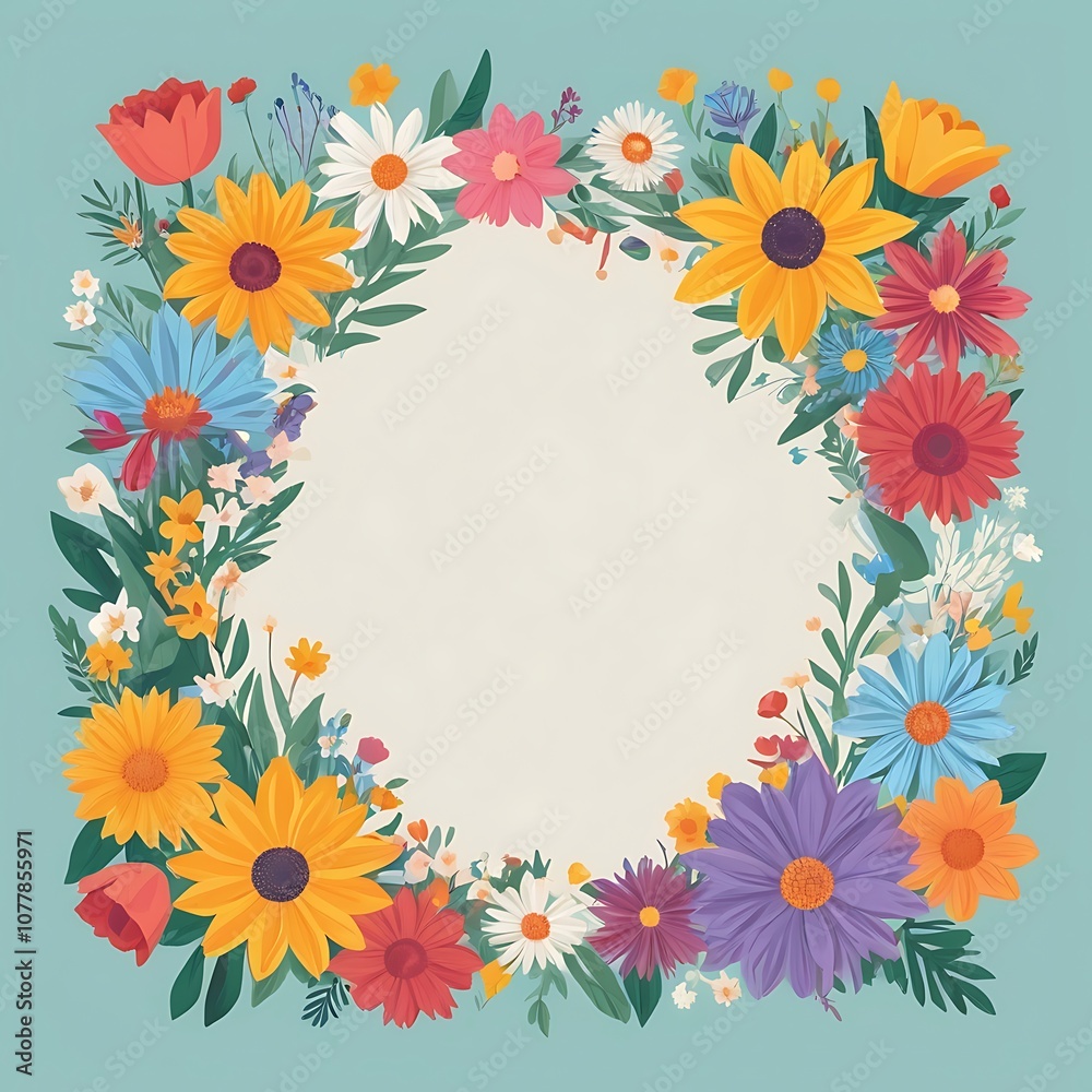 Colorful Flower Wreath with Blank Center on Light Blue Background
