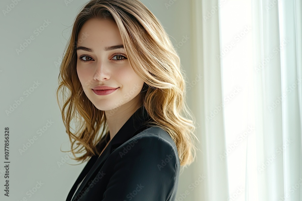 beautiful young business woman standing while smiling looking at camera in the office beautiful young business woman standing while smiling looking at camera in the office