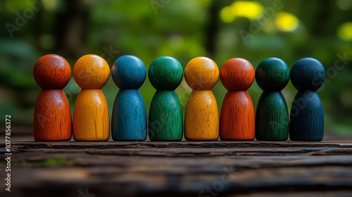 Colorful wooden figures symbolizing unity and diversity outdoors