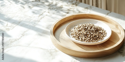 Creative abstract advertising background featuring a close-up of a wooden tray on a light-colored marble tabletop, filled with a white plate of corn, reflecting themes of healthful living, food safety photo