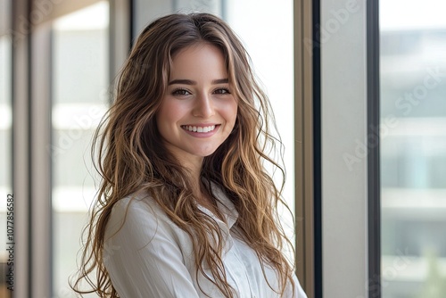 Free Download beautiful young business woman standing while smiling looking at camera in the office - GFXLoad
