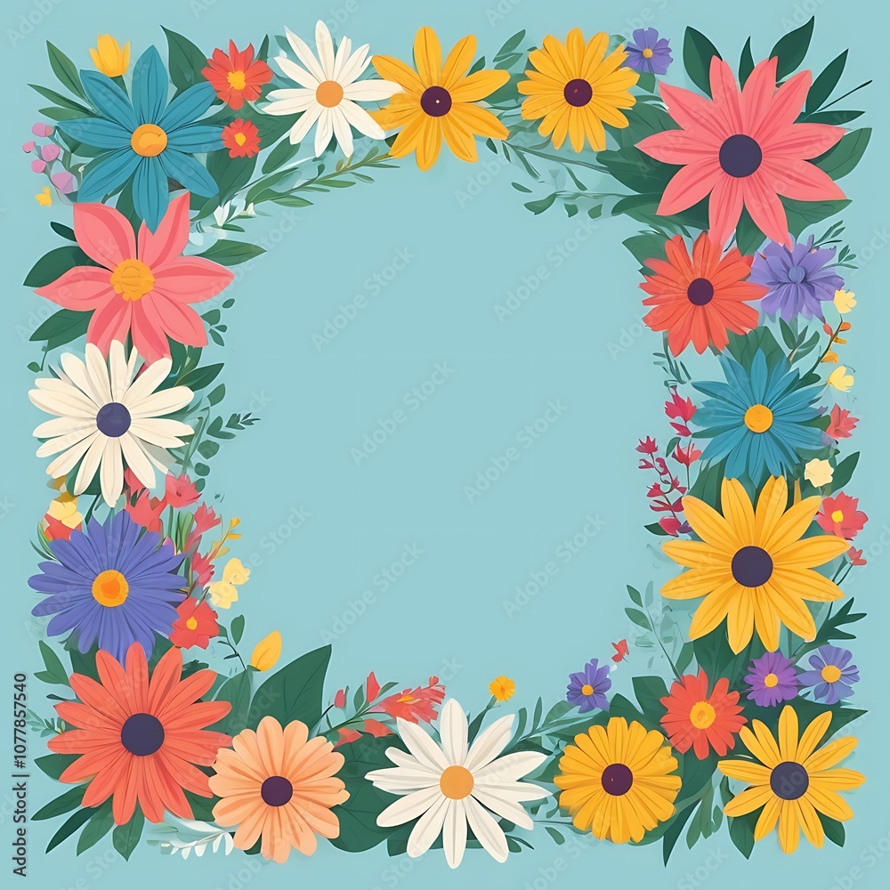 Colorful Flower Frame with a Blue Background Colorful Flower Frame with a Blue Background