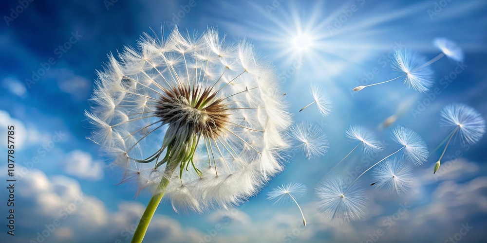 A Single Dandelion's Journey of Release, With Delicate Seeds Taking Flight Towards the Sunlit Sky A Single Dandelion's Journey of Release, With Delicate Seeds Taking Flight Towards the Sunlit Sky