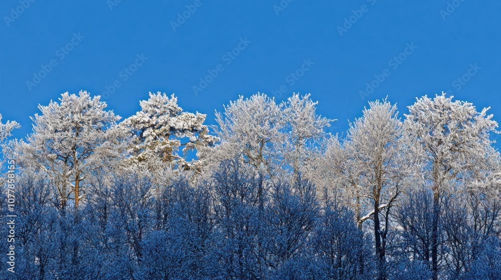 A snowy landscape with frosted trees against a clear blue sky. A snowy landscape with frosted trees against a clear blue sky.