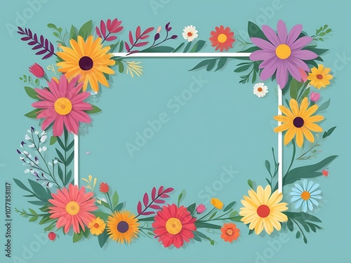 Wallpaper Mural Colorful Floral Frame with a White Border on a Turquoise Background Torontodigital.ca