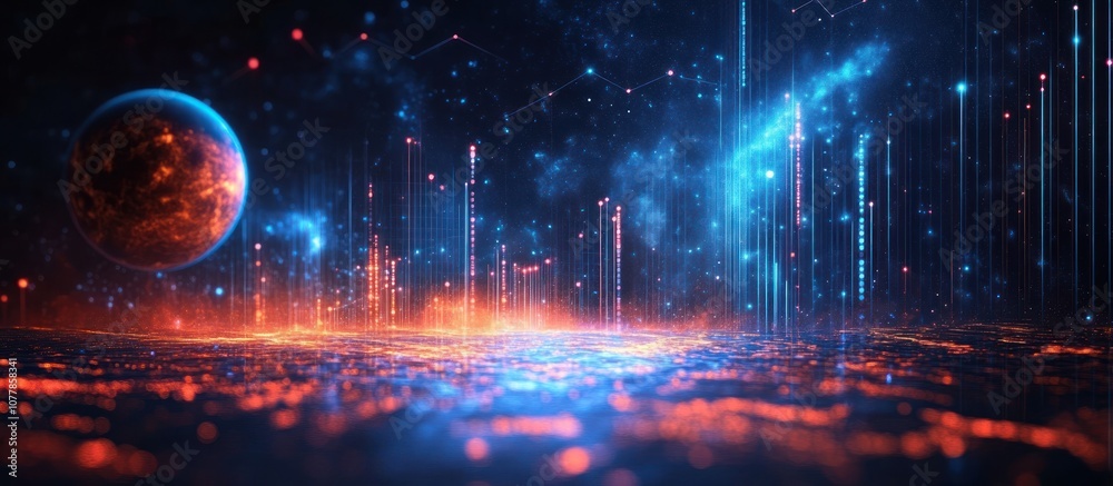 Naklejka premium A futuristic landscape with a glowing planet and digital lights.