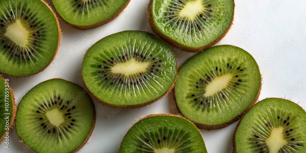 Freshly Sliced Ripe Kiwi Fruit on White Background - A Vibrant Top View for Health and Wellness Inspiration, Ideal for Food Blogs, Recipes, and Nutrition Content Freshly Sliced Ripe Kiwi Fruit on White Background - A Vibrant Top View for Health and Wellness Inspiration, Ideal for Food Blogs, Recipes, and Nutrition Content