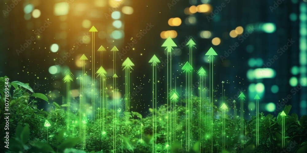 Obraz premium Green and sustainable development in the business sector, showcasing upward arrows symbolizing the growth and positive impact of environmental, social, and governance (ESG) practices. 
