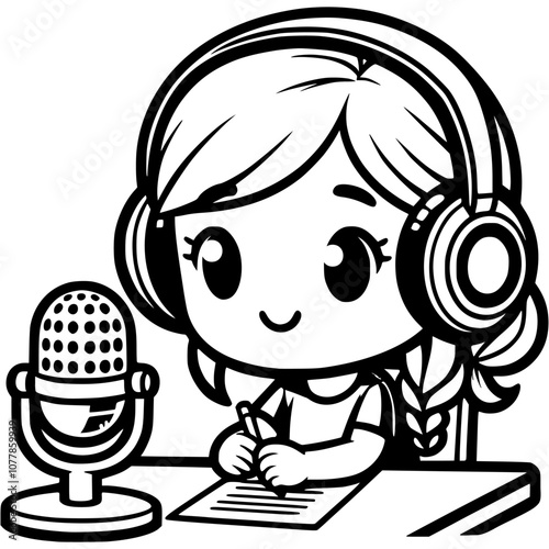 Girl radio DJ sits behind microphone in place of radio host in monochrome. Simple minimalistic vector in black ink drawing on transparent background