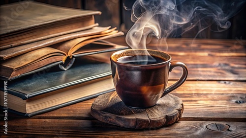 A steaming cup of coffee resting on a wooden coaster beside a stack of vintage books, an inviting invitation to a quiet moment of reflection and literary immersion. photo