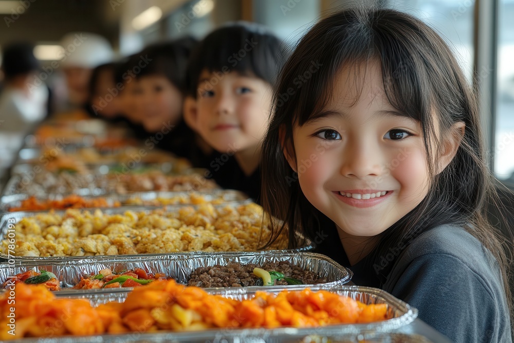 elementary school students of asian descent sharing a joyful meal in a sunny cafeteria their faces glowing with laughter and excitement colorful food spread in front of them elementary school students of asian descent sharing a joyful meal in a sunny cafeteria their faces glowing with laughter and excitement colorful food spread in front of them