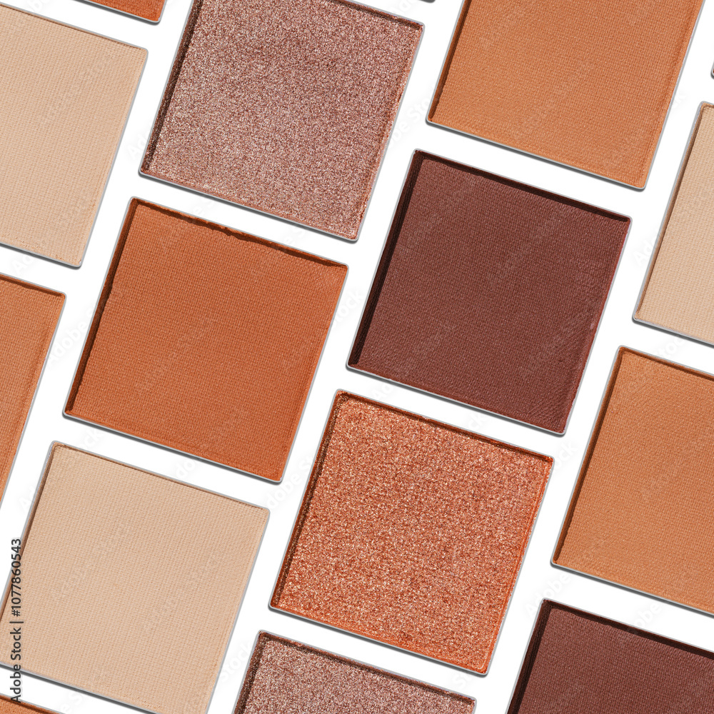 Fototapeta premium Cosmetics texture pattern, makeup palette vivid neutral color eye shadow, square eye powder swatches. Female cosmetic and beauty products, aesthetic minimal beauty photo, colorful eyeshade top view