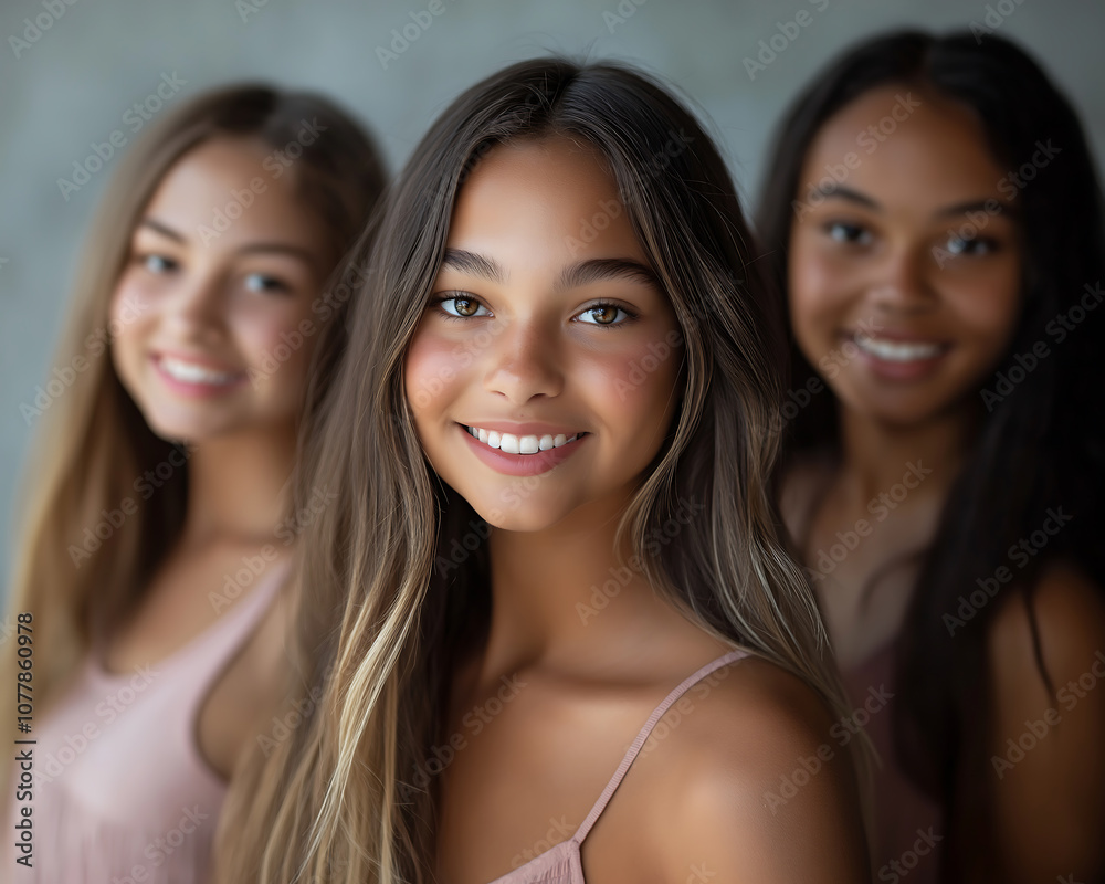 Portrait Three women with long hair smiling great for a design featuring a group of friends or beauty products Portrait Three women with long hair smiling great for a design featuring a group of friends or beauty products
