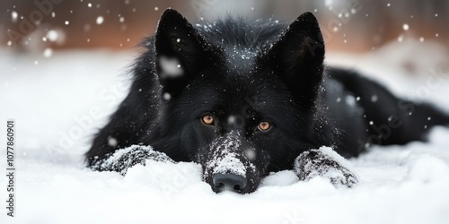 photo of a black dire wolf laying down in the snow, skinny and weak 
