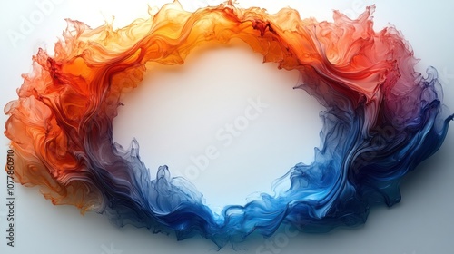 Abstract swirling smoke design in blue, orange and red forming a circular frame with white background.