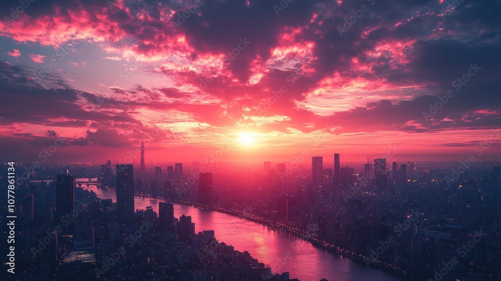 Stunning sunset over a sprawling cityscape with a river. Stunning sunset over a sprawling cityscape with a river.