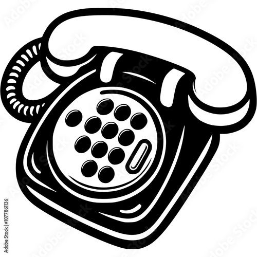 Wired push button home telephone in monochrome. Simple minimalistic vector in black ink drawing on transparent background