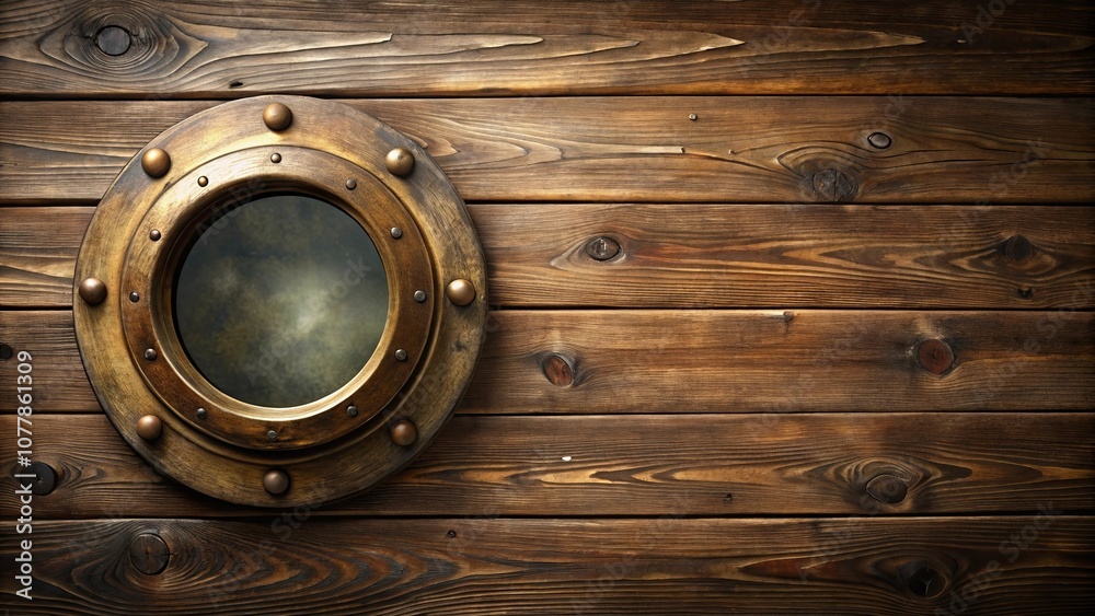 Fototapeta premium A circular brass porthole set against a backdrop of aged wooden planks, evoking a sense of nautical adventure and the vastness of the open sea.