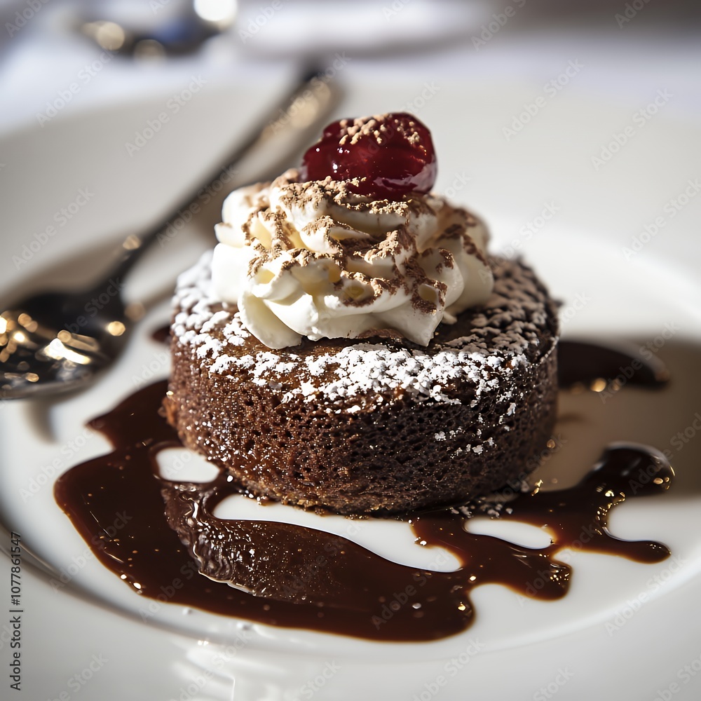 Chocolate cake dessert with whipped cream and cherry. Chocolate cake dessert with whipped cream and cherry.