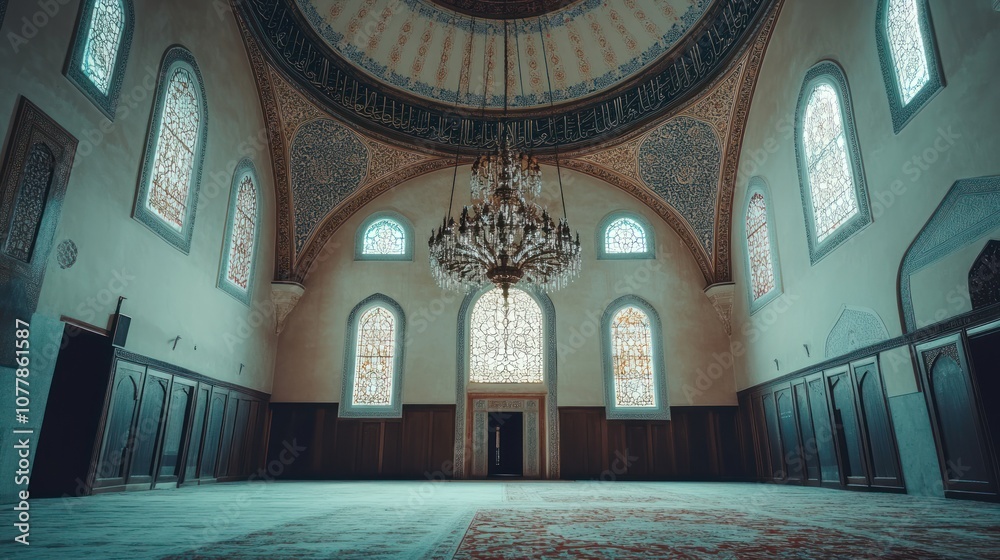 Obraz premium A spacious, ornate interior of a mosque featuring stained glass windows and a chandelier.