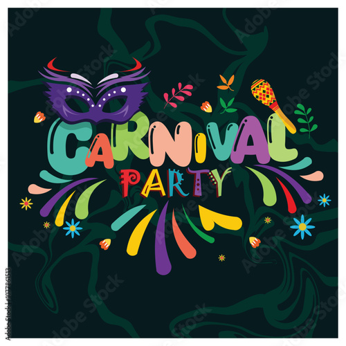 Traditional Brazilian carnival. Samba music festival with maracas and feather masks. Carnival party concept. Flat vector illustration.