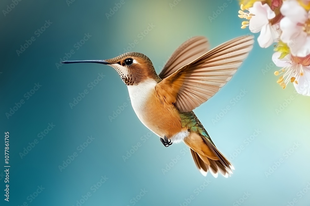 Naklejka premium A hummingbird in flight with outstretched wings, hovering near a blooming flower.