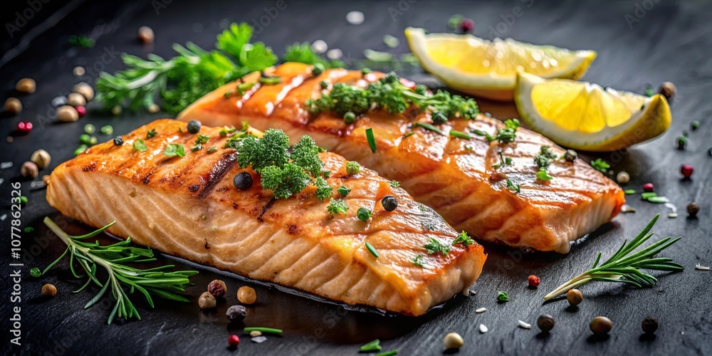 Grilled Salmon with Lemon and Herbs on a Black Slate Plate Grilled Salmon with Lemon and Herbs on a Black Slate Plate