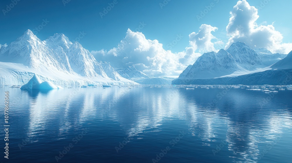 custom made wallpaper toronto digitalSerene icy landscape with mountains and calm waters reflecting clouds.