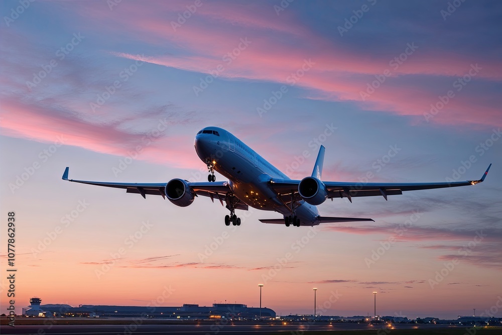 A Bold Commercial Airliner Taking Off from a Major International Airport at Dusk for an Exciting Journey Ahead A Bold Commercial Airliner Taking Off from a Major International Airport at Dusk for an Exciting Journey Ahead