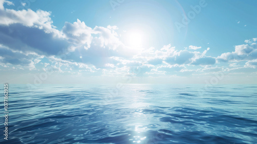 A calm ocean under a bright sky, the water and sky blending seamlessly into a soft blue horizon