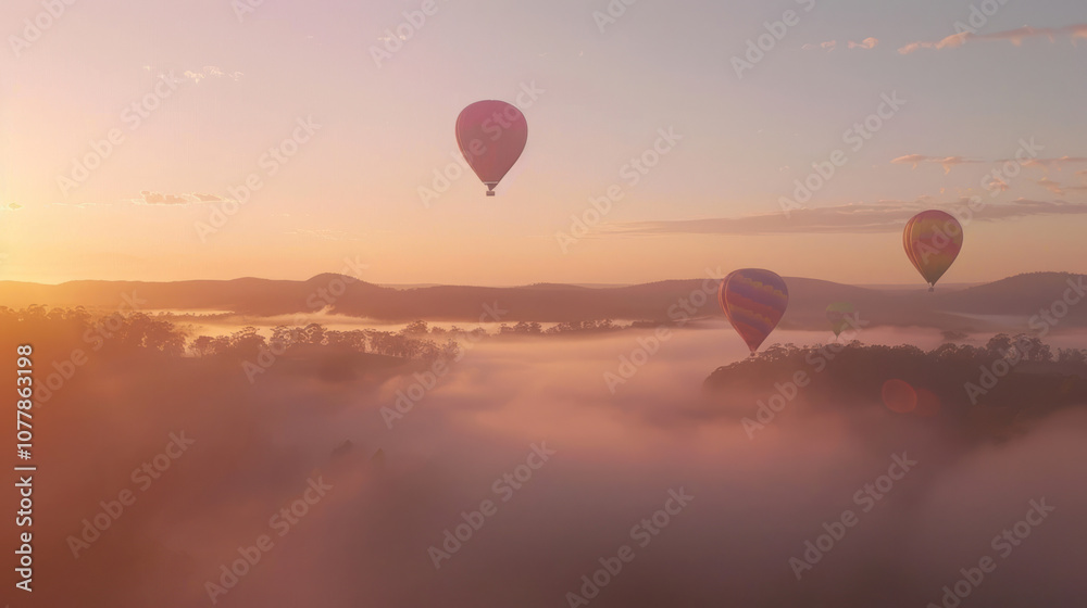 Fototapeta premium A calm sky at sunrise with vibrant hot air balloons soaring above a misty valley, the colors popping against the soft hues