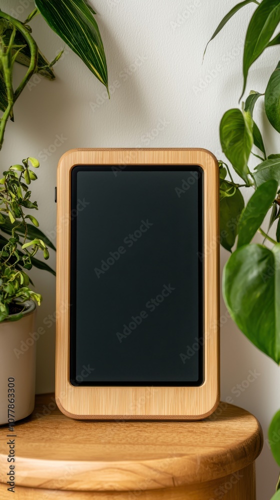 A sleek wooden-framed tablet rests atop a wooden table, surrounded by lush green plants, creating a serene and natural ambiance. A sleek wooden-framed tablet rests atop a wooden table, surrounded by lush green plants, creating a serene and natural ambiance.