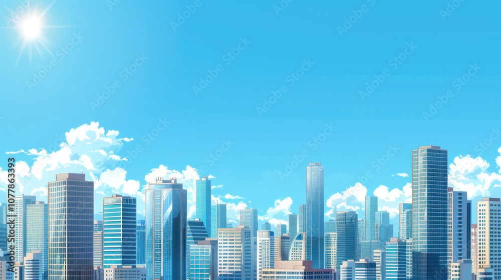 A clear blue sky above a busy cityscape, the modern skyscrapers reflecting the bright sunlight A clear blue sky above a busy cityscape, the modern skyscrapers reflecting the bright sunlight