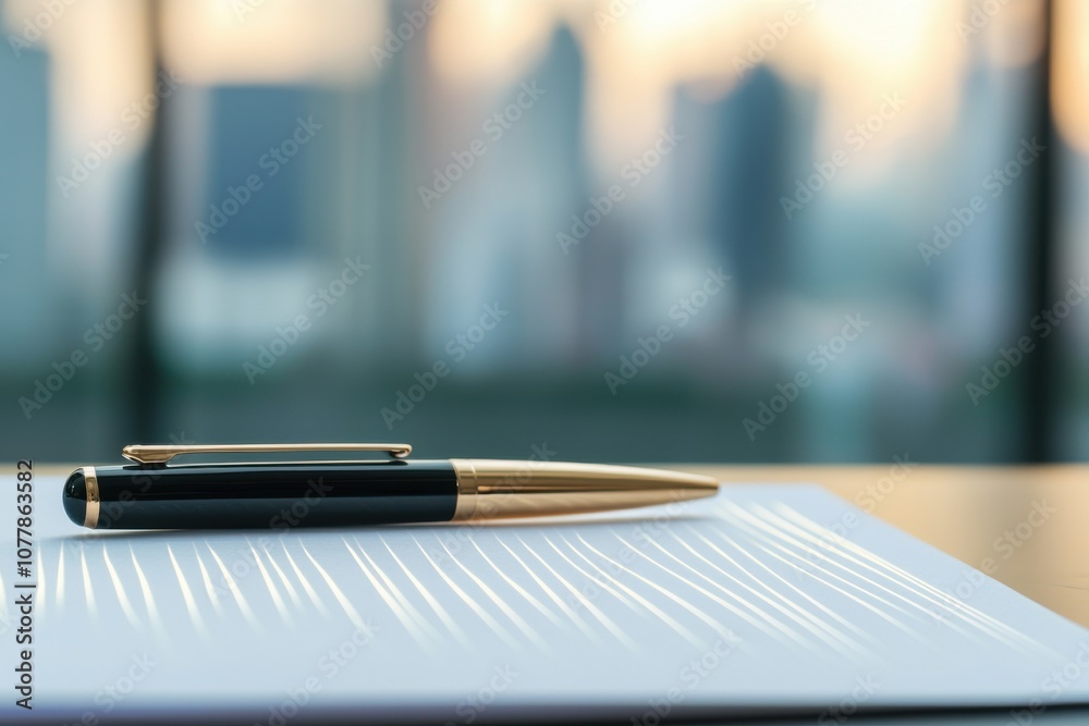 A sleek pen rests on a document, with a blurred cityscape in the background, suggesting a professional or business setting. A sleek pen rests on a document, with a blurred cityscape in the background, suggesting a professional or business setting.