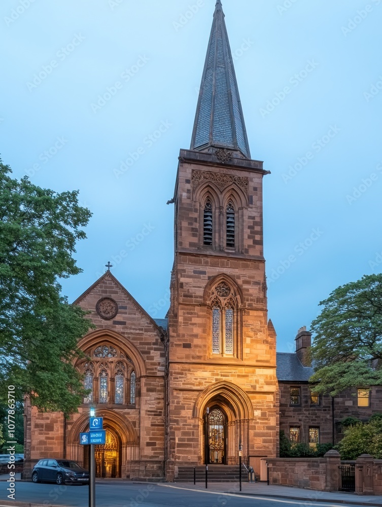 Obraz premium A historic church building illuminated at dusk, showcasing intricate architecture.