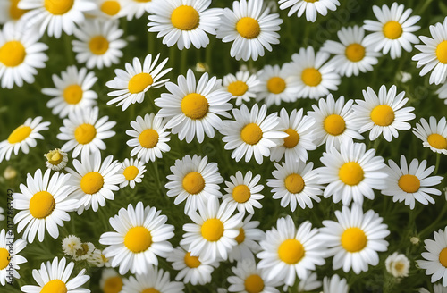 Chamomile daisy flowers field at sunny day close up with selective focus. Spring or summer nature background