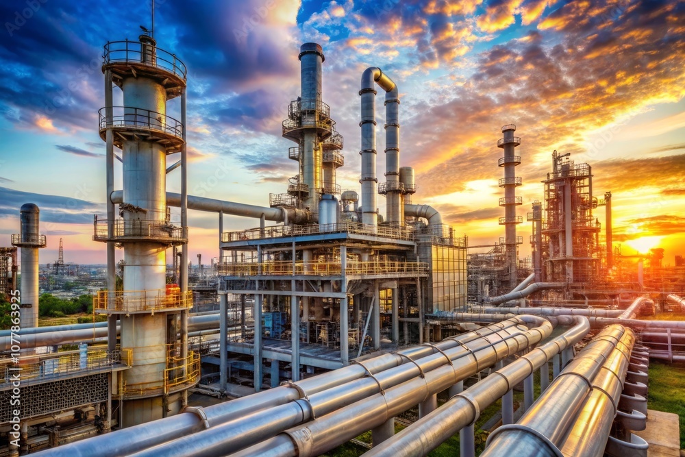 a large industrial plant with a sunset in the backgroun a large industrial plant with a sunset in the backgroun