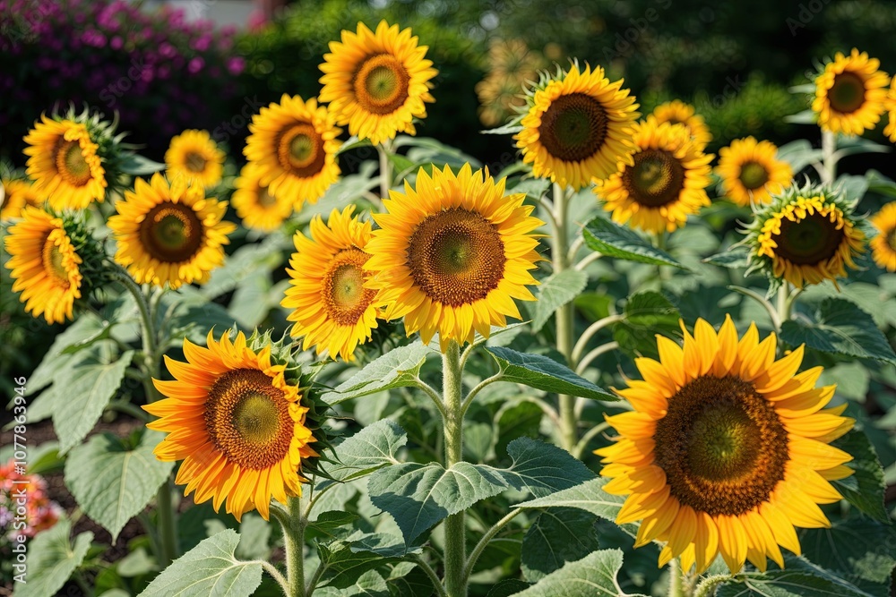Vibrant Sunflowers Blooming in a Garden Setting Vibrant Sunflowers Blooming in a Garden Setting
