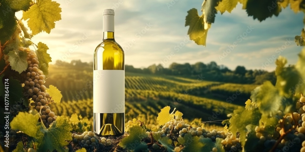 Fototapeta premium White wine bottle mockup in a vineyard landscape with lush grapevines and rolling hills.