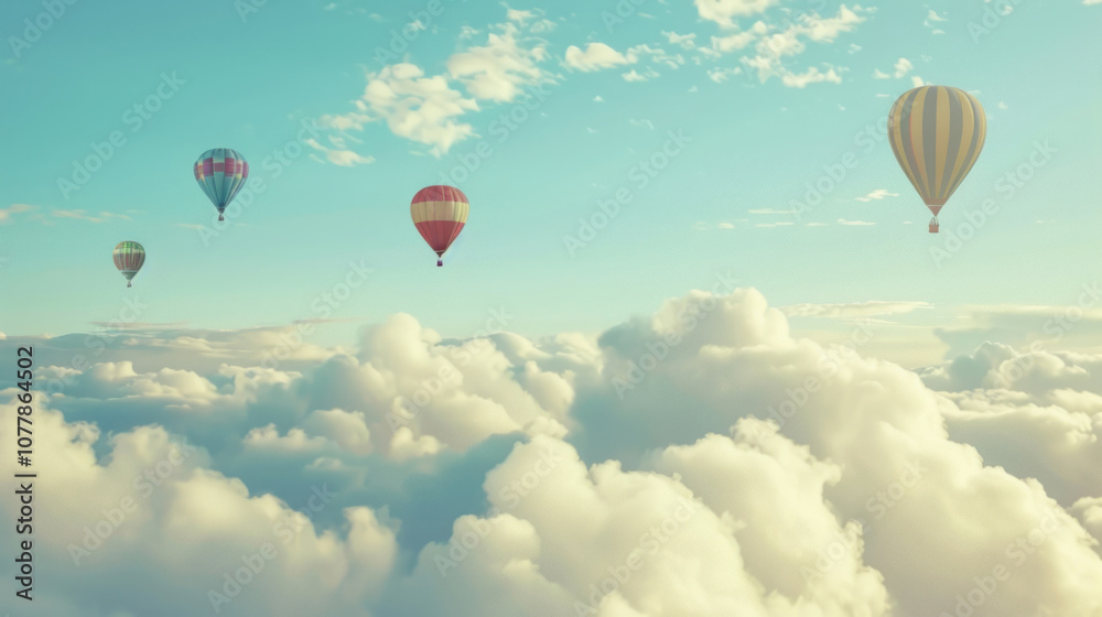 Obraz premium A cloudy sky with vibrant hot air balloons soaring through the air, creating a whimsical contrast against the soft clouds
